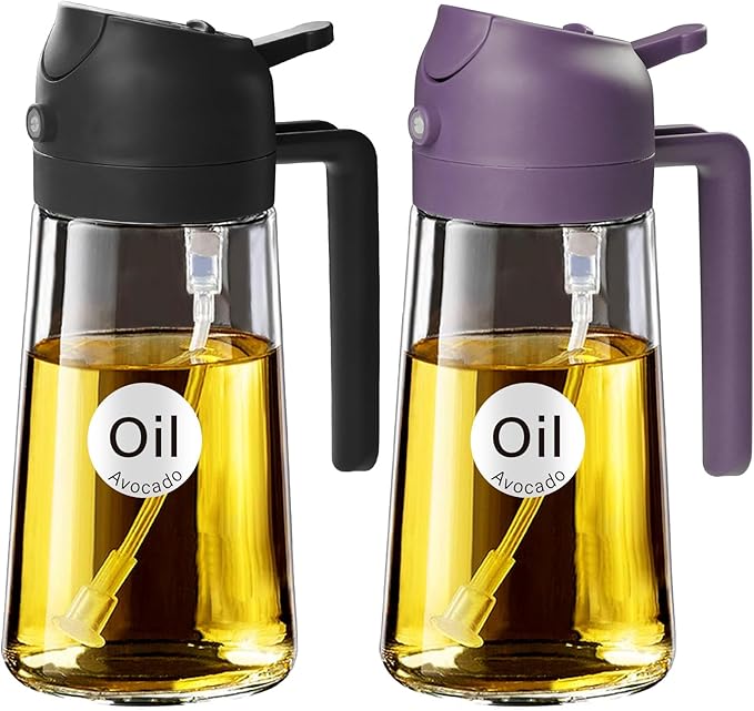 YARRAMATE 2Pcs 16oz/470ml Glass Olive Oil Sprayer for Cooking with Stickers, 2 in 1 Oil Dispenser for Kitchen Gadgets, Food Grade Premium Spray Bottle with Portion Control for Salad, BBQ(Black&Purple)
