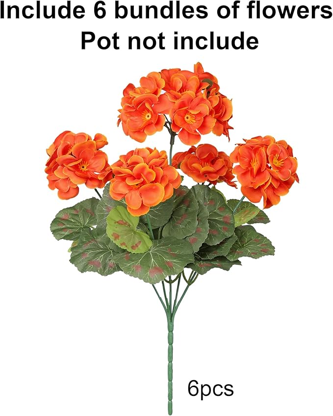 Fake Geraniums Artificial Flowers for Outdoors Fall Autumn Decoration, 6 Bundles Silk Geraniums UV Resistant Look Real Orange Faux Flowers Plants for Front Door Garden Planter Patio Balcony Yard Home