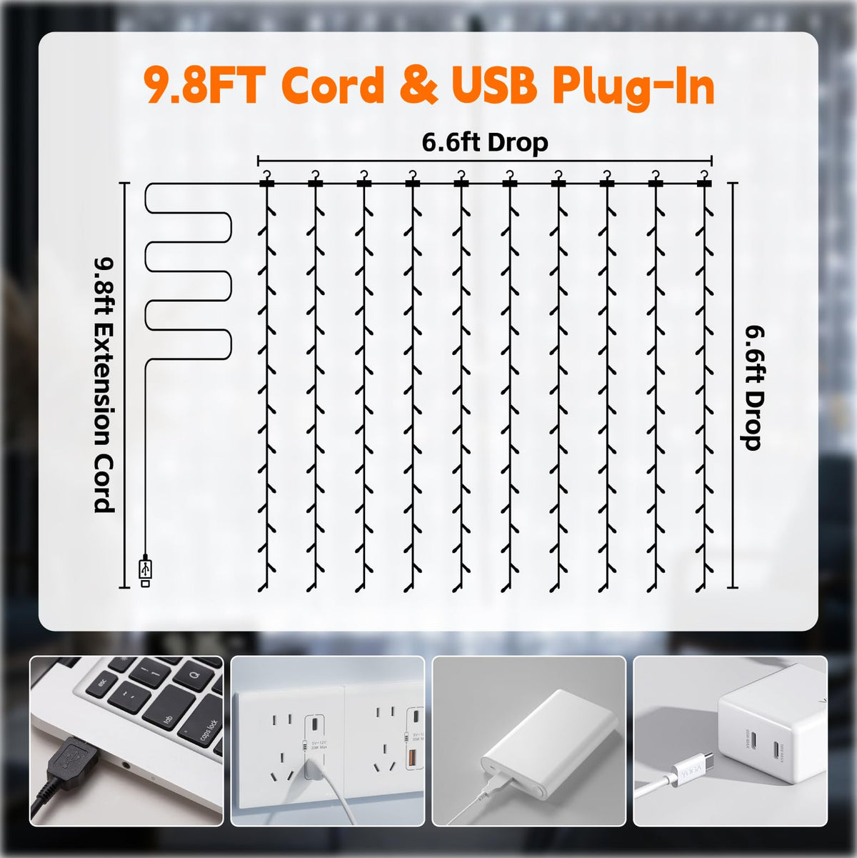 SINAMER Curtain String Light, 200LED 6.6x6.6ft, Remote & 8 Modes, USB