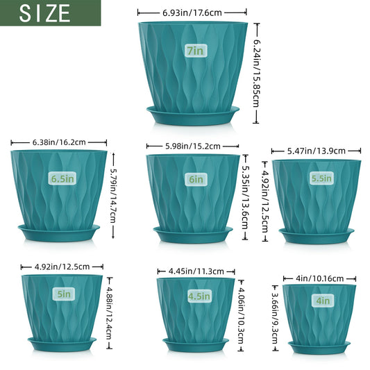 SQKH 4/4.5/5/5.5/6/6.5/7 Inch Plant Pots,7 Pack Flower Pots with Drainage Holes and Trays,Plastic Planters for Indoor Outdoor Plants Growth,Green