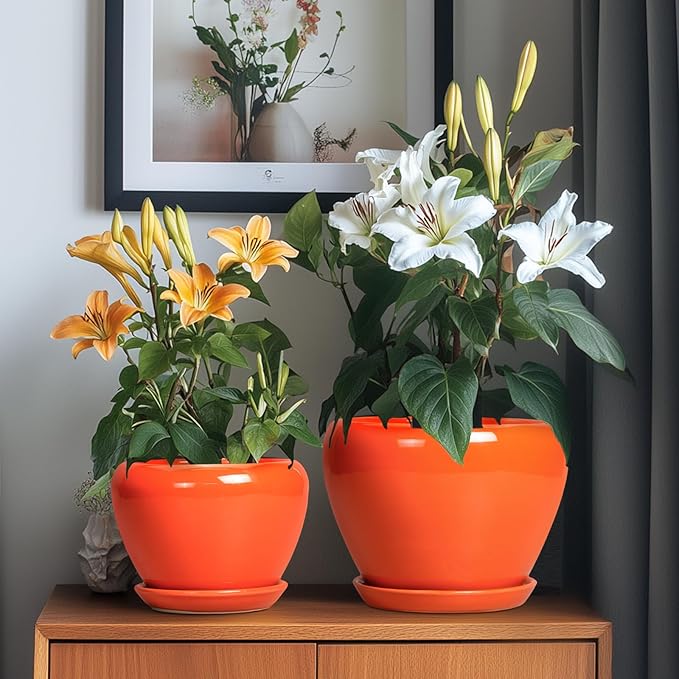 Ceramic Planter - 10 Inch 8 Inch 6 Inch Plant Pot with Drainage Holes and Saucers, Round Planters for Indoor Outdoor, Modern Flower Pots, House Garden Room Decor, Gardening Gifts, Orange