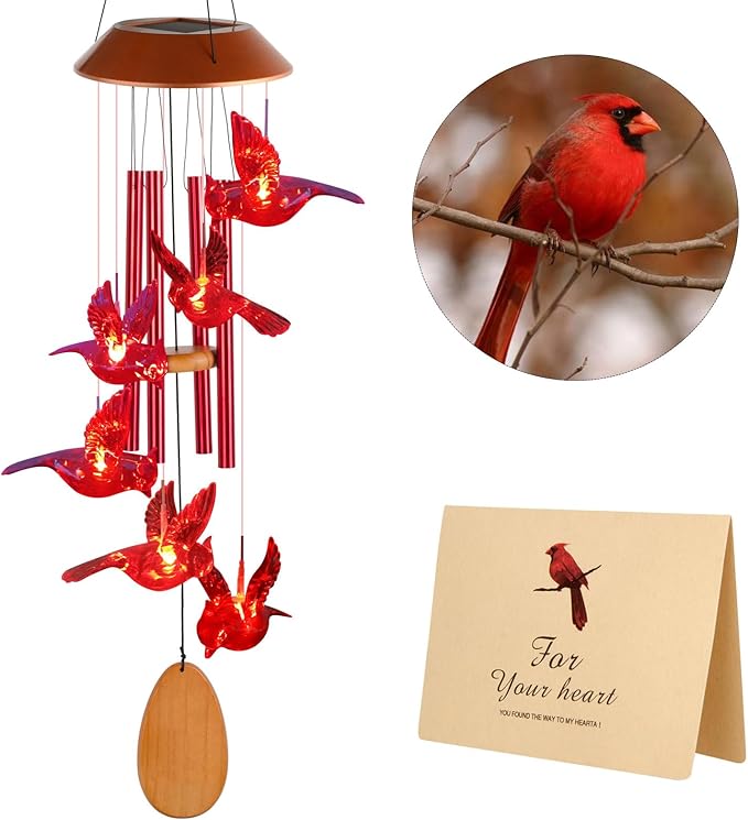 Cardinals Decorative Mobiles Gifts, Solar Cardinals Wind Chimes, Gifts for Mom, Women, Grandma, Garden Courtyard Lawn Decoration, Thanksgiving Gift, Decor Gift for Christmas and New Year