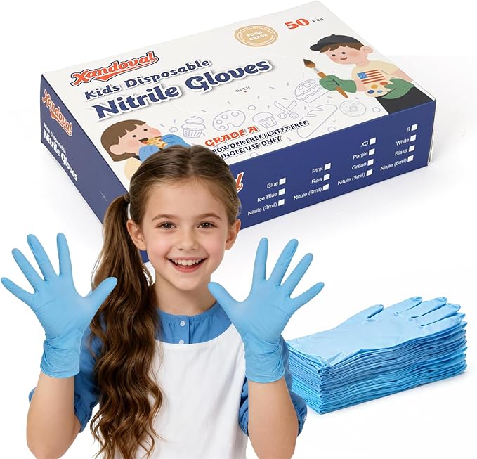 Kids Nitrile Gloves for 6-10 Years, 5Mil Blue Disposable Gloves Latex-Free Powder-Free, Durable and Waterproof for Work, Cleaning, Cooking, Gardening, Painting