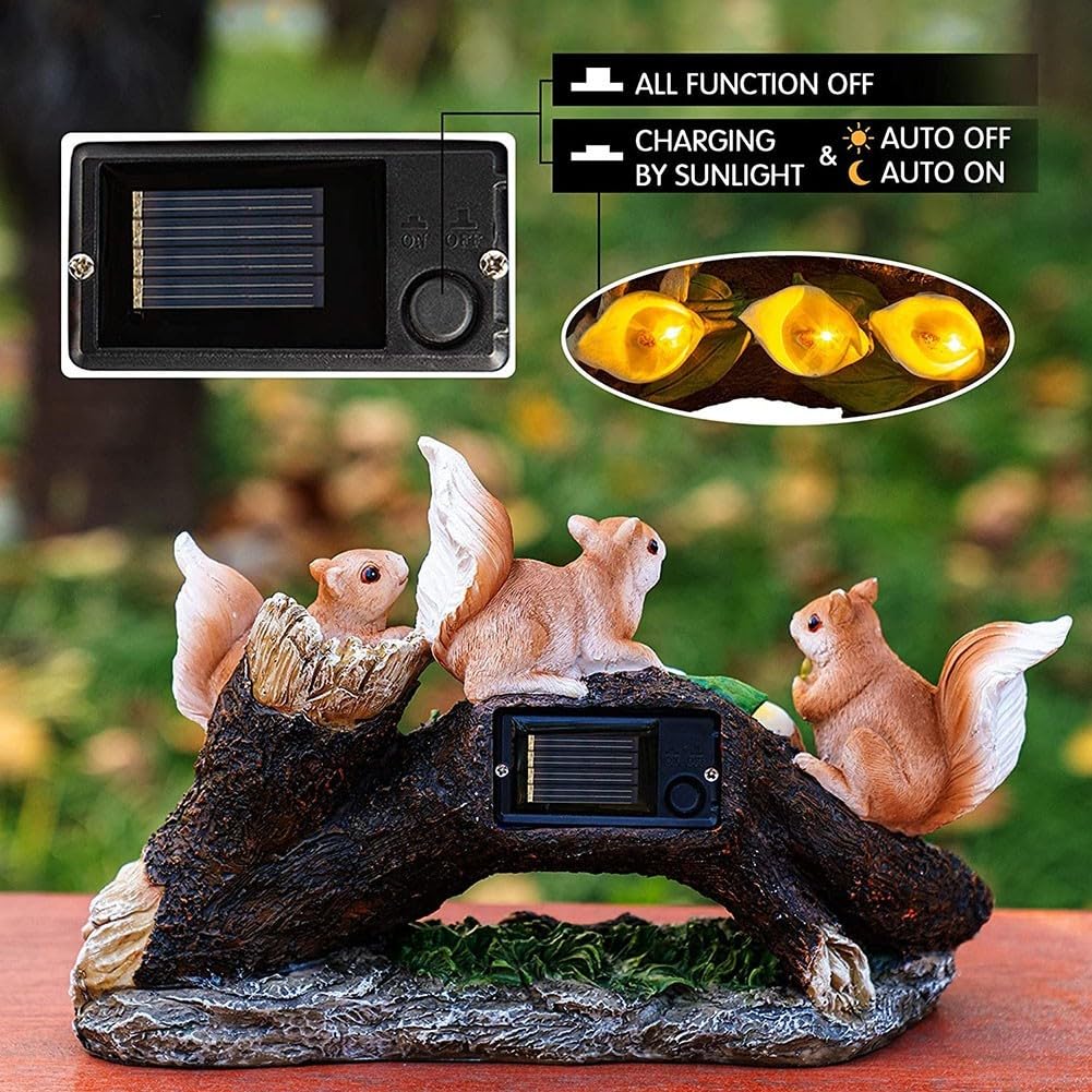 Outdoor Solar Squirrel Statue Resin Garden Decor Light Up Lawn Ornament Weatherproof Yard Art for Backyard Pathway Patio Night Glow(Three squirrels)