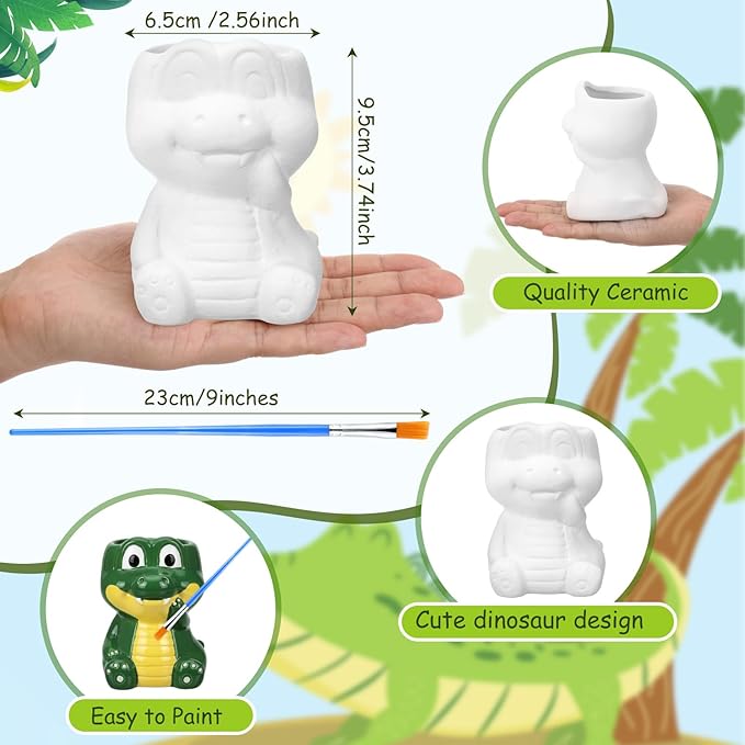 Pasimy 6 Set Ceramics to Paint DIY Ceramic Succulent Planter Pots Paint Your Own Flower Pots Craft Kit Unpainted Bisque Flowerpot with Brush Palette for Family Activity Holiday Gifts(Crocodile)