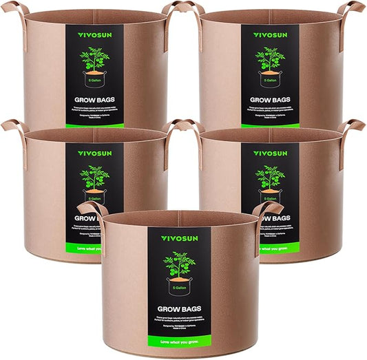 VIVOSUN 5-Pack 5 Gallons Grow Bags Heavy Duty Thickened Nonwoven Fabric Pots with Strap Handles Tan