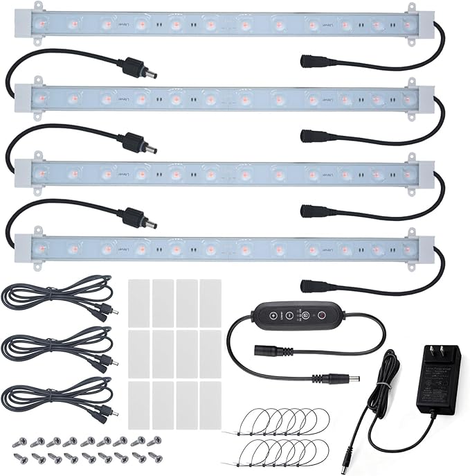 Litever Grow Light Strip Kit 36W with Timer, 4 pcs 16 Inches LED Grow Light Strips with Extension Cables, Mounting Accessories for Greenhouse, Grow Shelf. Perfect for Indoor Growing-(4-Strip-Kit)