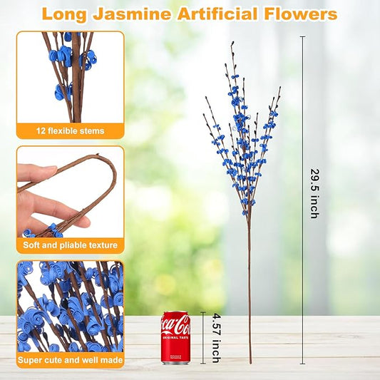 5 Pcs 29.5" Long Jasmine Artificial Blue Flowers Fake Jasmine Flowers Bouquet Stem for DIY Floral Art Plant Home Office Wedding Table Centerpieces Party Vase Decoration