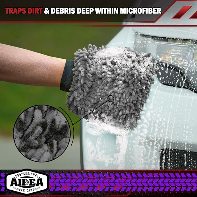 AIDEA Car Wash Mitt Microfiber, 1PK Scratch Free Lint-Free, Premium Chenille Microfiber Sponge Mitt Car Wash Brush, Grey, Regular Size 7.12''X10.14''