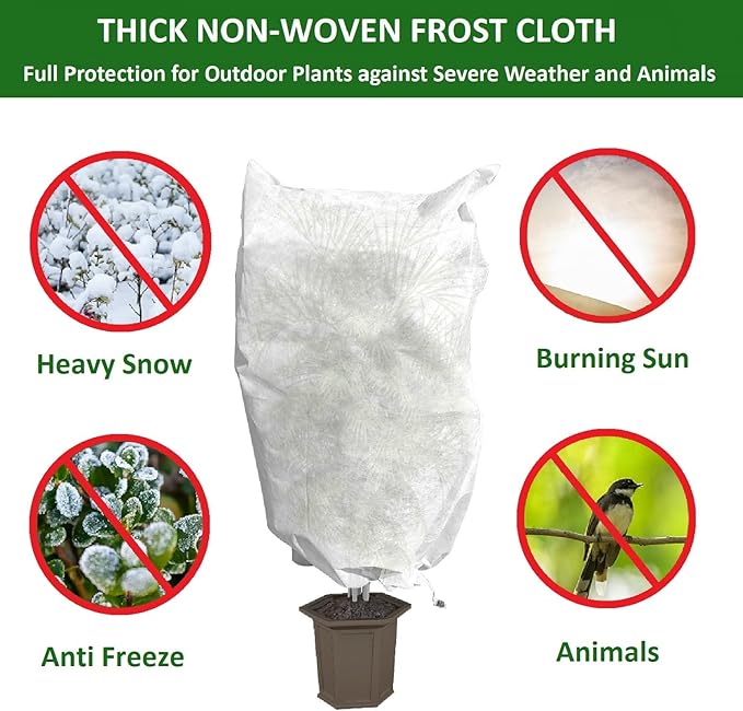 EAONE 12 Pack Plant Covers Freeze Protection, 32x47'' Winter Frosts Cloth for Outdoor Plants, Reusable Frost Blankets Drawstring Bags for Cold Freeze Sun Protection Bird Insect Prevention,White
