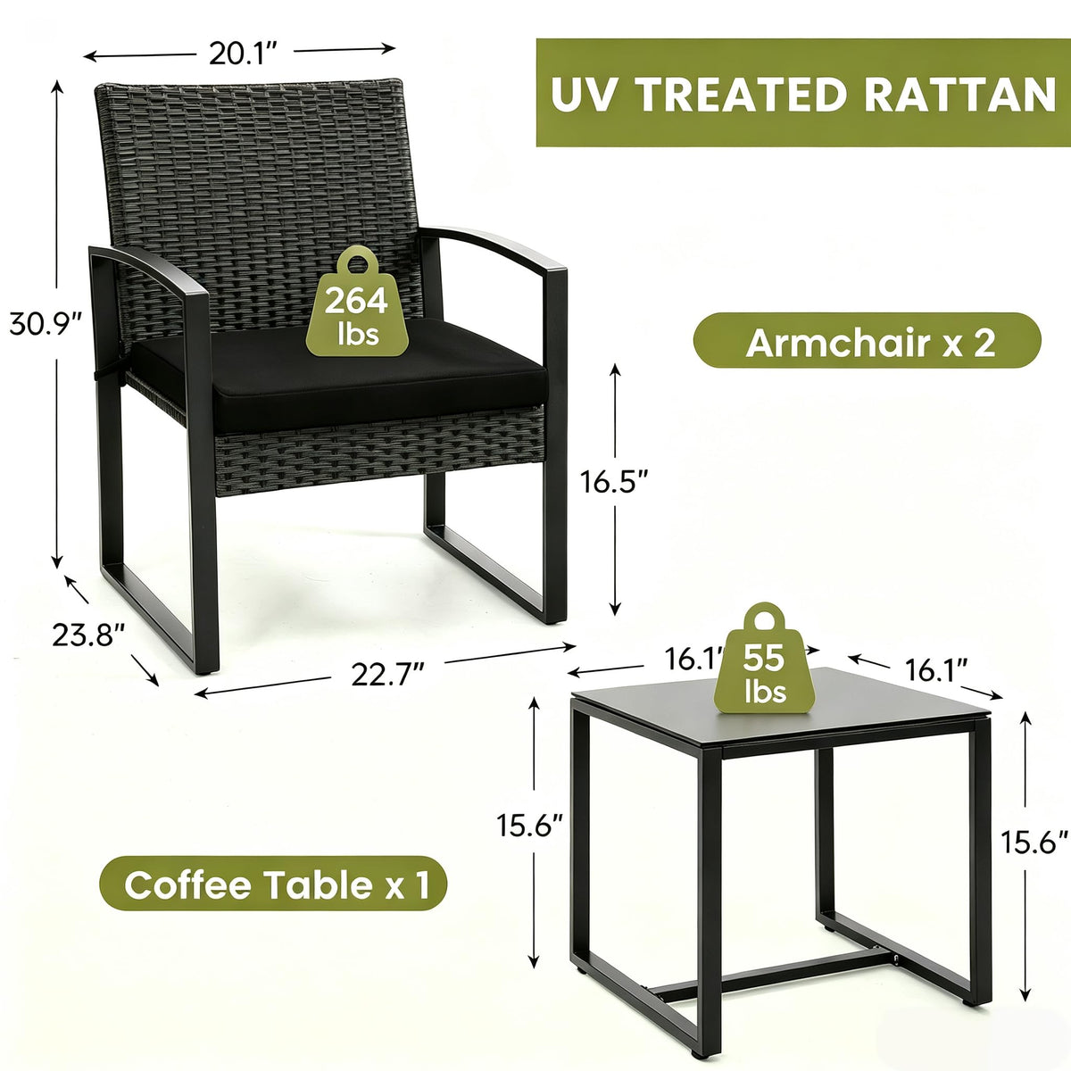 Murago Outdoor 3-Piece Wicker Bistro Set, Patio Conversation Set