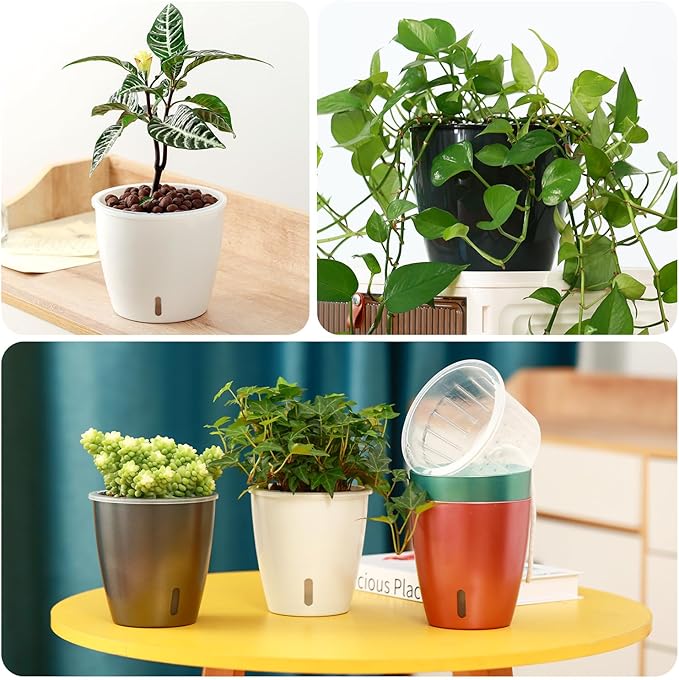 KvyusFlourish Self Watering Pots for Indoor Plants, 6-Pack 5'' Self Watering Planter with Drainage Holes, Small African Violet Pots with Water Indicator, Clear Wick Orchid Pot, Black