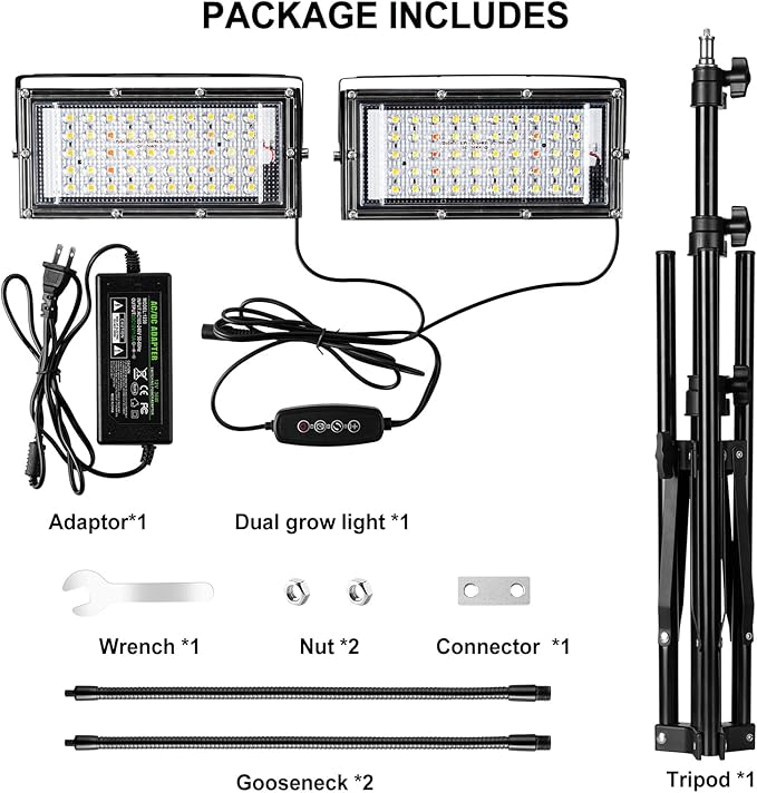 LBW Grow Light for Indoor Plants, Dual Heads Full Spectrum LED, Auto On/Off Timer, 6 Dimmable Levels, 3 Switch Modes, Adjustable Tripod Stand 15-63 inches