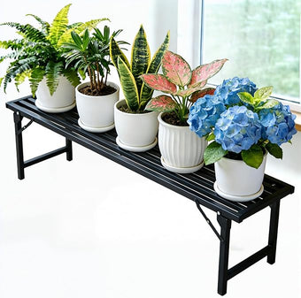 Single Tier Metal Plant Stand, Long Narrow Foldable Plant Stand for Indoor Outdoor, Heavy Duty Waterproof Plant Holder for Living Room Balcony Garden Window Patio，Plant Lovers, Display Stand (L33”xH11.7"xW9.7")
