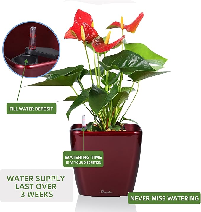 Dexceder 9x8 Self Watering Planter Indoor Outdoor, Inner Mat Design, Thickened Table Flower Plant Pot with Water Level Indicator (Red High Gloss)