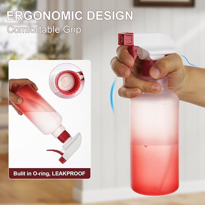 Plastic Spray Bottles 12oz 2 Pack Adjustable Mist/Stream Spraying Heavy Duty Square Water Spray Bottles for Hair, Cleaning Solutions, Plants, Essential Oils (Red)