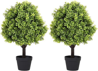 Azoco 27“ Realistic Artificial Boxwood Topiary Trees Set of 2, Faux Plants Outdoor UV-Resistant, Fake Evergreen Bushes & Shrubs for Front Porch Outside Planter Decor