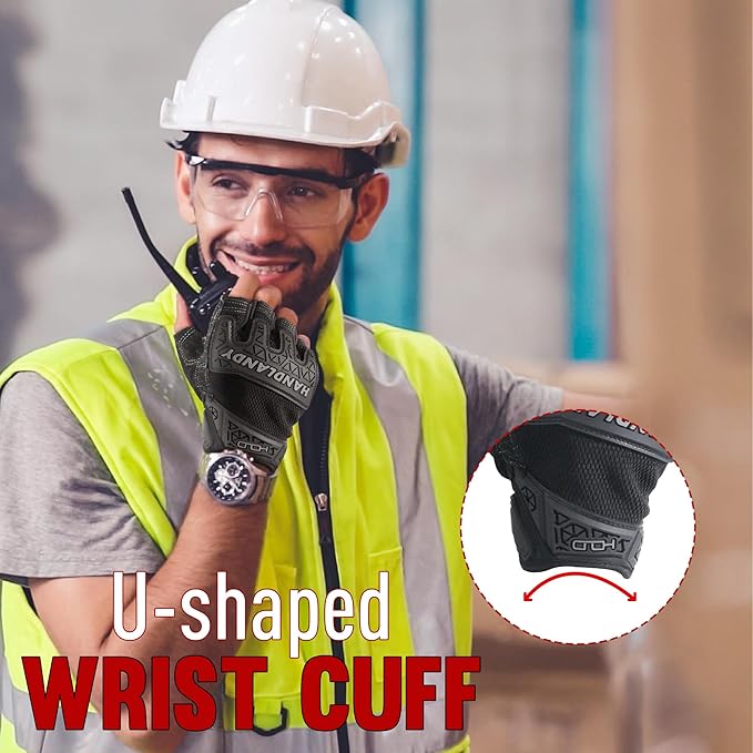HANDLANDY Fingerless Work Gloves for Men, Padded Half Finger Tactical Mechanics Gloves, Utility Trucker Driver Gloves (Black, Large (Pack of 1))