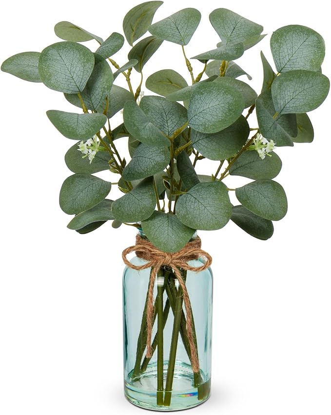 Briful Artificial Eucalyptus Stems in Blue Glass Vase with Faux Water, 14" Fake Plant Eucalyptus Leaves for Home Farmhouse Wedding Centerpiece Bathroom Décor