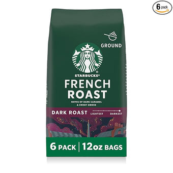 Starbucks Ground Coffee, Dark Roast Hot or Iced Coffee, French Roast, Six 12 oz Bags