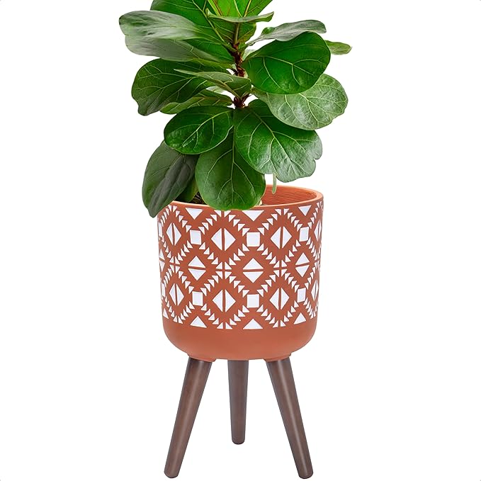 D'vine Dev 10 Inch Planter Pot with Stand, Mid-Century Tall Plant Pot with Legs for Indoor Plants, Pottery Red Terracotta/White, 88-G-B-5