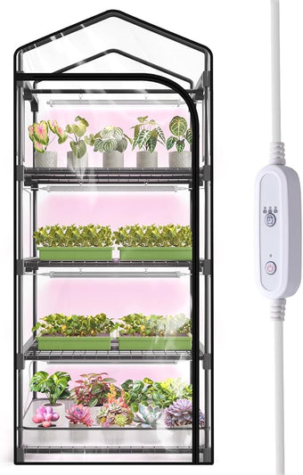 Mini Indoor Greenhouse with Grow Light, 4-Tier Plant Stand with Zippered Cover, Ventilation Window, Bottom Pouch, 20W Full Spectrum Plant Light with Timer for Seedling, 27"L x 19"W x 63"H