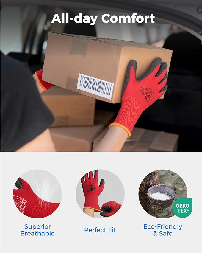 toolant Crinkle Latex Work Gloves Bulk, Rubber Coated Safety Work Gloves for Men and Women, 12 Pairs for Construction, Gardening, Warehouse (Black & Red, Medium)