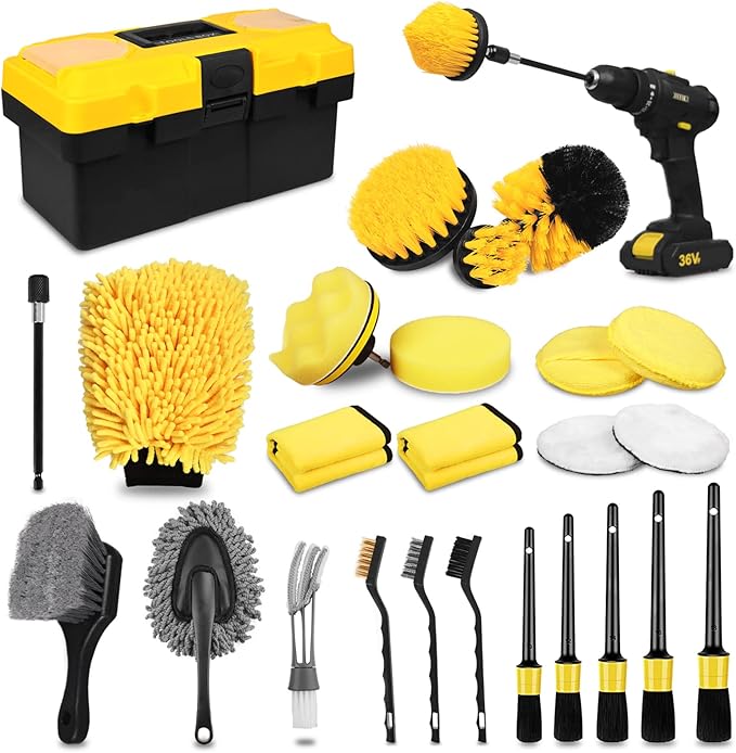 TTRCB 27Pcs Car Detailing Kit, Car Detailing Brush Set, Auto Detailing Drill Brush Set, Car Detailing Brushes, Car Wash Kit, Car Accessories, Car Cleaning Tools Kit for Interior, Exterior, Wheels
