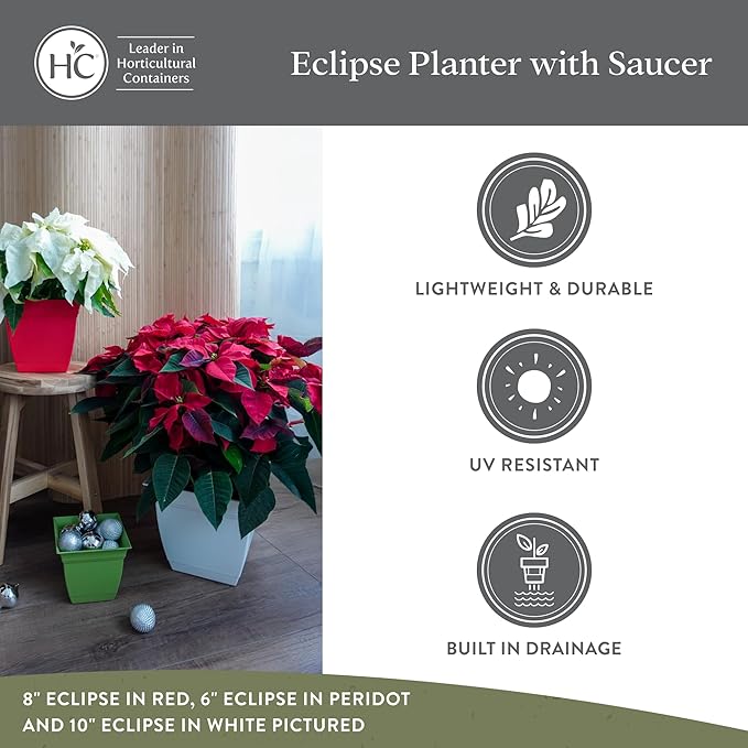 The HC Companies Eclipse Square Plastic Planter w/ Attached Saucer - Outdoor & Indoor Plant Pot with Drainage Holes - Lightweight, UV-Resistant Plastic Pots For Plants (10" Warm Gray, Pack of 1)