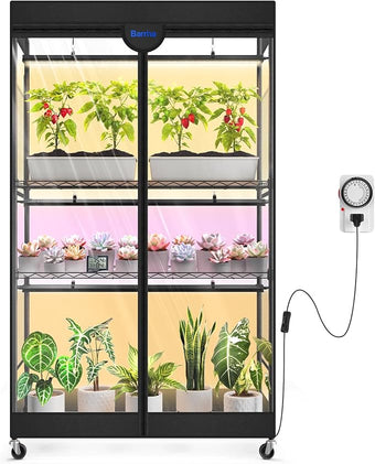 Barrina LP900 Mini Greenhouse with Grow Lights, 4-Tier Plant Stand with135W TX-S45 3FT 3 Dimmable Full Spectrum Lights , Plant Shelf with Tent Timer & Thermometer for Seed Trays 35.4 x 13.8 x 59.1IN