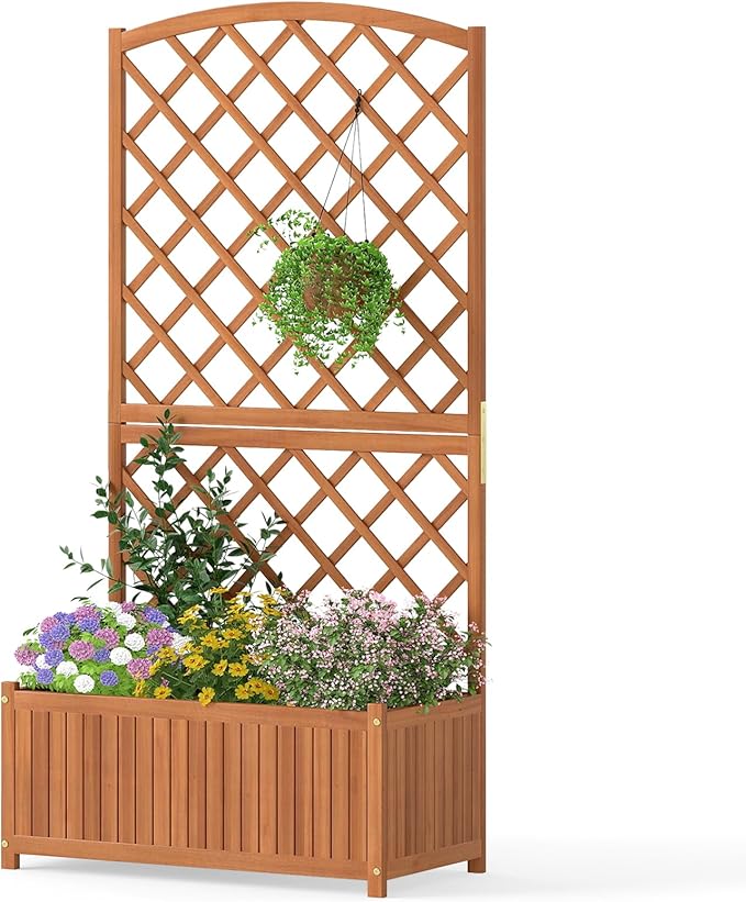 S AFSTAR 2 Pieces Wooden Raised Garden Bed with Trellis, 63" Tall Planter Box with Drainage for Vines Climbing Plants Flowers Herbs, Elevated Gardening Planter for Backyard, Balcony & Patio