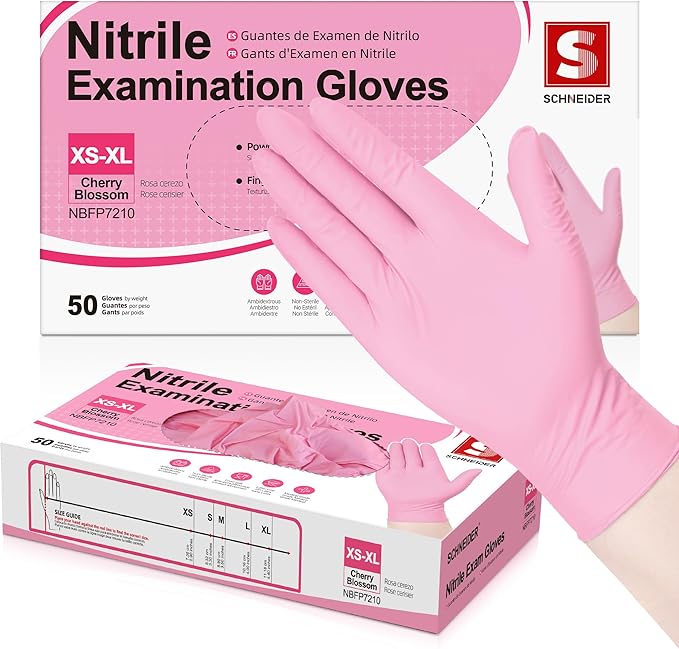 Schneider Pink Nitrile Gloves, Latex Free Exam Gloves Disposable Latex Free, Disposable Gloves for Cooking & Medical