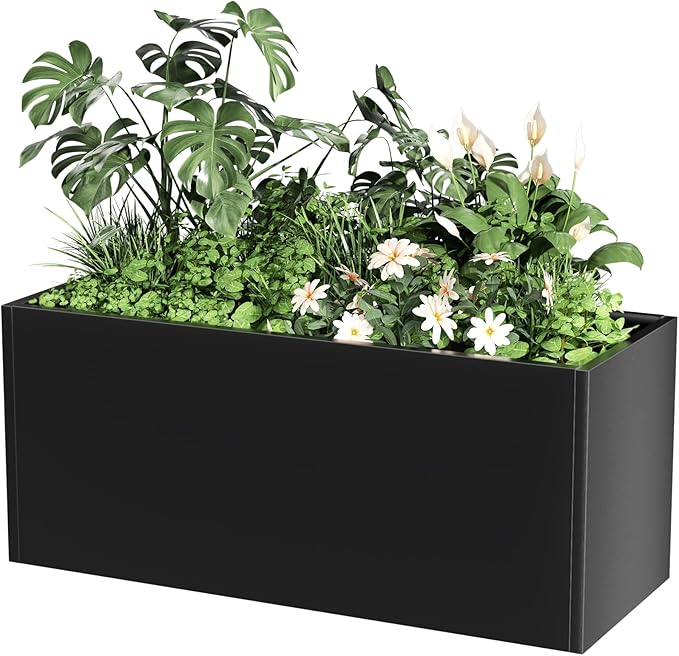 Long Metal Planter Box for Outdoor Plants 15" W x 38" L x 16.25" H, Heavy Duty Steel Rectangular Planter Box with Removable Insert Shelf, Modern Décor for Outside, Indoor, Garden (Black)