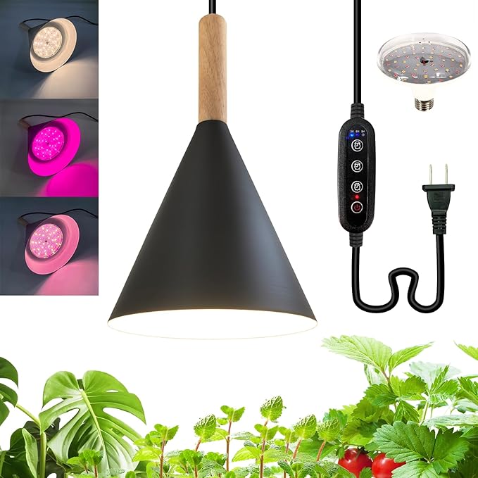 Hanging Grow Lights for Indoor Plants,Pendant Plant Lights for Indoor Growing,15W Full Spectrum, with Timer and 15FT Power Cord, Hanging Grow Light,Large Tall Plant Greenhouse (Black)