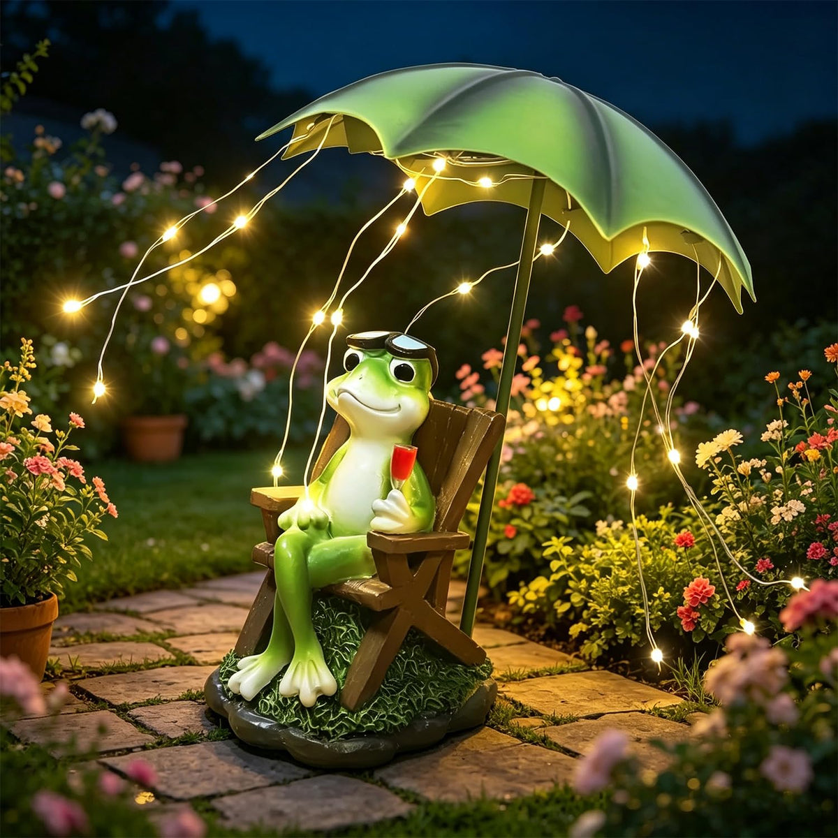 ASDFG Solar Red Wine Frog Statue Umbrella LED Lantern Waterproof Yard Decor