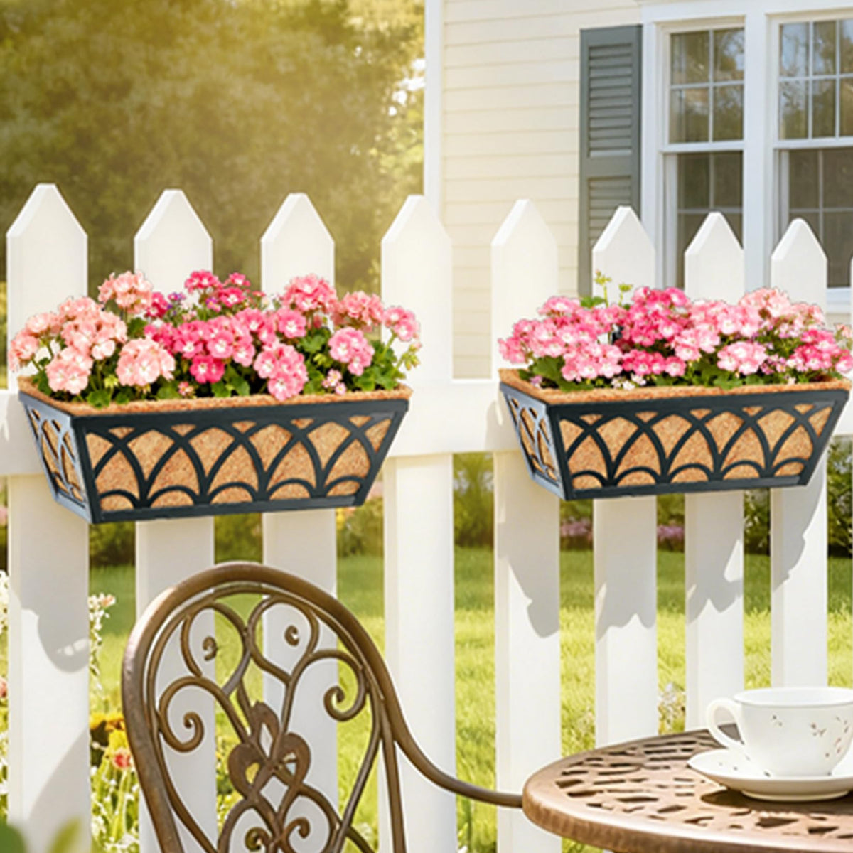 16 Inch Railing Planter Box Window Boxes Planters - 4 Pack Deck Railing Planter Boxes with Adjustable Brackets Coco Liners Balcony Planters Railing Hanging for Window Flower Boxes Outdoor Garden Decor