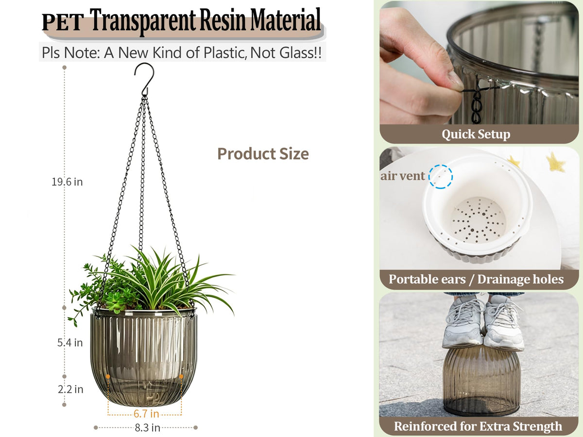 Melphoe 2 Pack Self Watering Hanging Planters Indoor Flower Pots, 8.3 Inch Outdoor Hanging Basket, Plant Hanger with 3Hooks Drainage Holes for Garden Home (Gray)