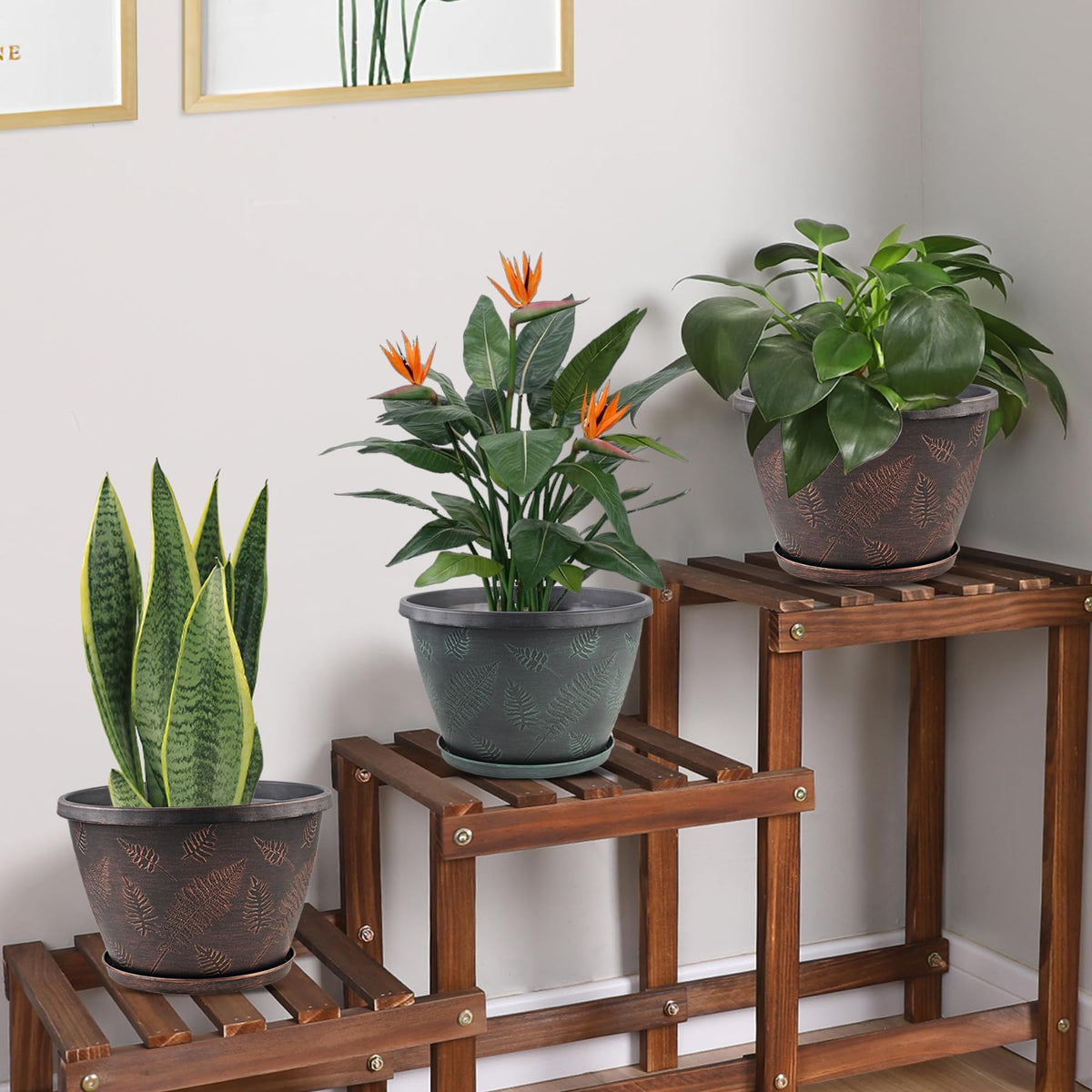11 inch Plant Pot Set of 3, Plastic Flower Pots with Drainage Holes & Tray