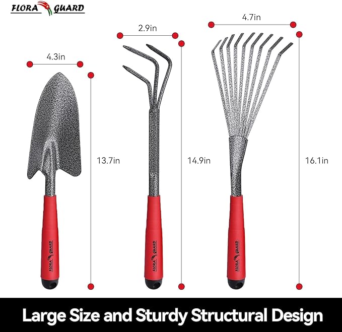 FLORA GUARD Garden Tool Set, 6-Piece Heavy Duty Gardening Hand Tools with Soft Rubber Handle, Includes Trowel, Rake, 2-in-1 Hoe & Crack Weeder, Durable Yard Tools, Christmas Garden Gift for Men Women
