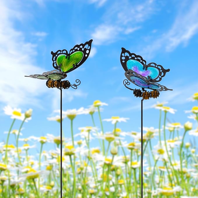 Voumsil Butterfly Garden Stakes,Butterfly Kit Made of Glass and Metal,Colorful Butterflies Garden Decorations Can Make The Garden Full of Color and Vitality. (Blue and Green)