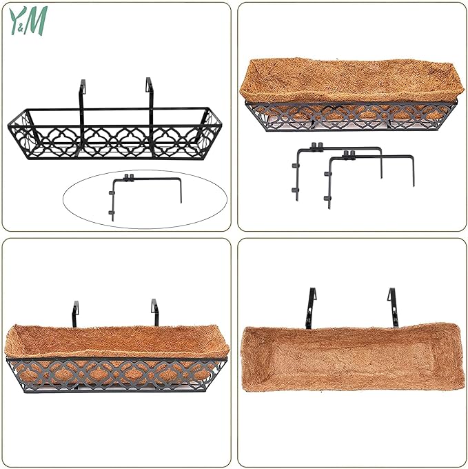 Y&M 24" Window Boxes Horse Trough with Coconut Coir Liner, 2pcs 24 Inch Window Deck with Coco Liner, Black Metal Hanging Flower Planter Window Basket Deck Railing Planter Boxes for Outdoor Indoor Lawn