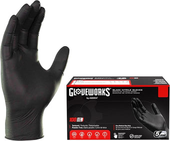 GLOVEWORKS Black Disposable Nitrile Industrial Gloves 5 Mil, Latex/Powder-Free, Food-Safe, Textured