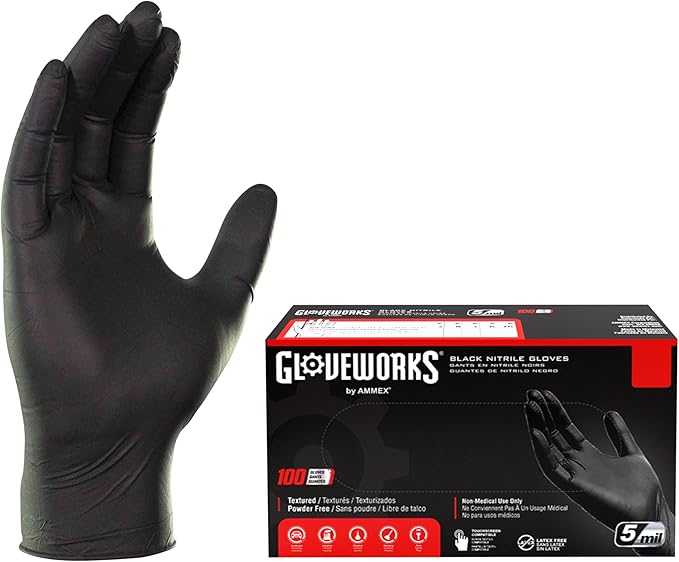 GLOVEWORKS Black Disposable Nitrile Industrial Gloves 5 Mil, Latex/Powder-Free, Food-Safe, Textured