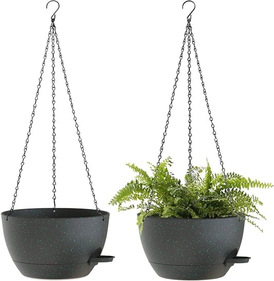 SQKH 12 Inch Hanging Baskets 2 PC with Chains, Self-Watering Hanging Planters for Indoor Outdoor Plants, Plastic Hanging Flower Pots, Black with Green Speckles