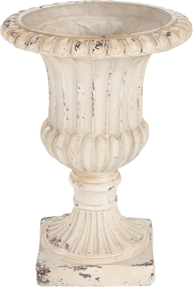 Christopher Knight Home Danny Patio Planter, Light Concrete Planter, Mid-Century Modern Urn, Floral Statue Design, Large Garden Pot, Flower Urn with Drainage Hole for Backyard Home, Antique White