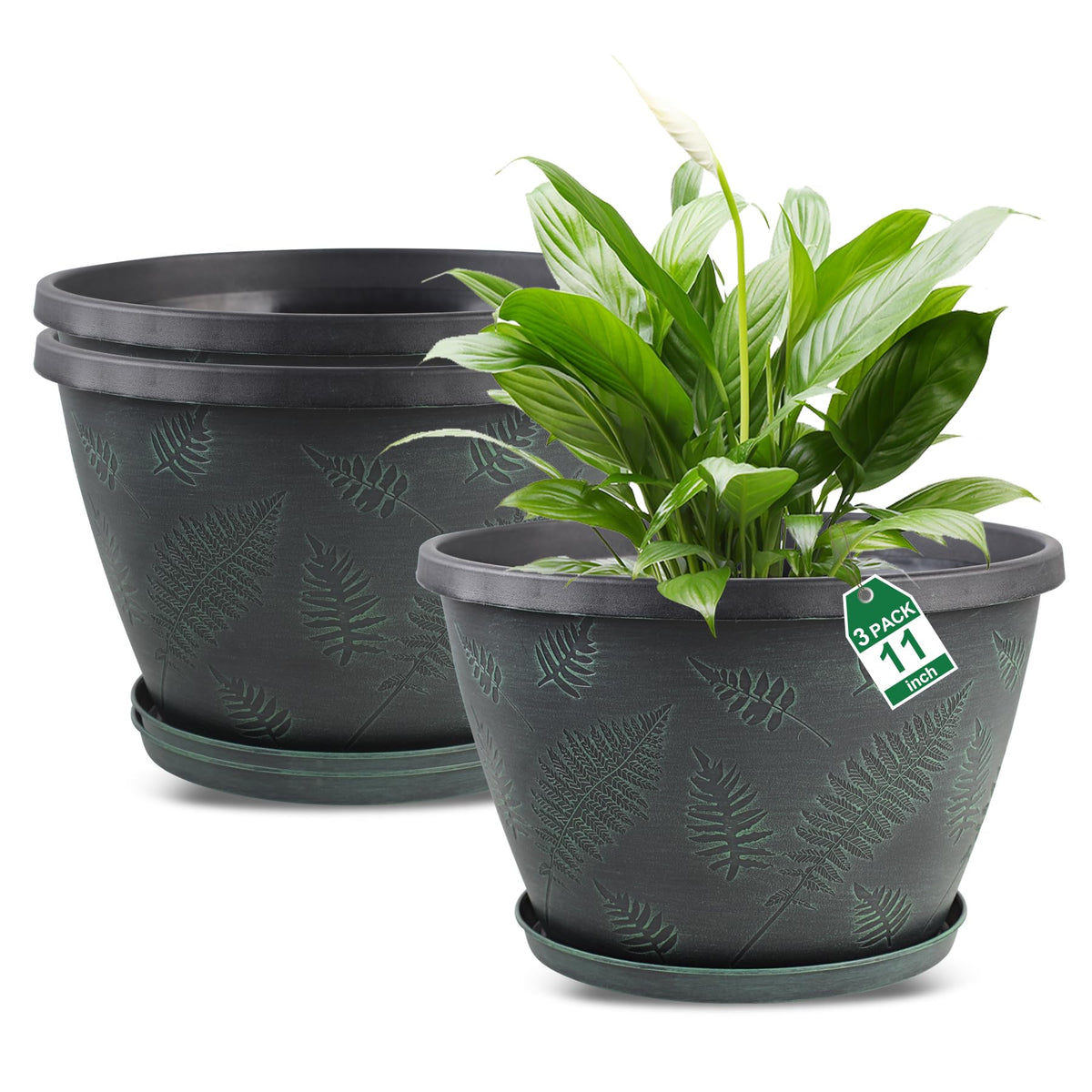 11 inch Plant Pot Set of 3, Plastic Flower Pots with Drainage Holes & Tray