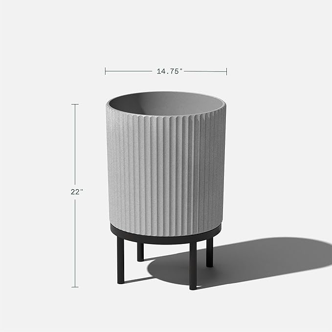 Veradek Demi Series Round Planter w/ Stand for Porch/Patio | Durable Plastic-Concrete & Wooden Stand | Modern Décor for Tall Plants, Flowers