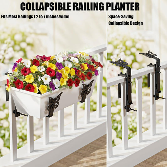 HFHOME Window Box Brackets, Adjustable Planter Box Brackets, Heavy Duty Flower Railing Planter Bracket for Balcony, with Enhanced Bottom Support, Perfect for Deck, Fence and Garden - Black (2 Pack)