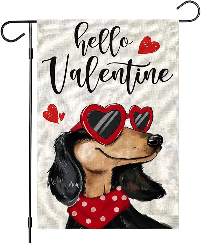 Hello Valentines Garden Flags 12x18 Inch Double Sided, Dachshund Dog with Love Sunglass Heart Small Seasonal Decoration for Holiday Anniversary Wedding Yard Outside Outdoor