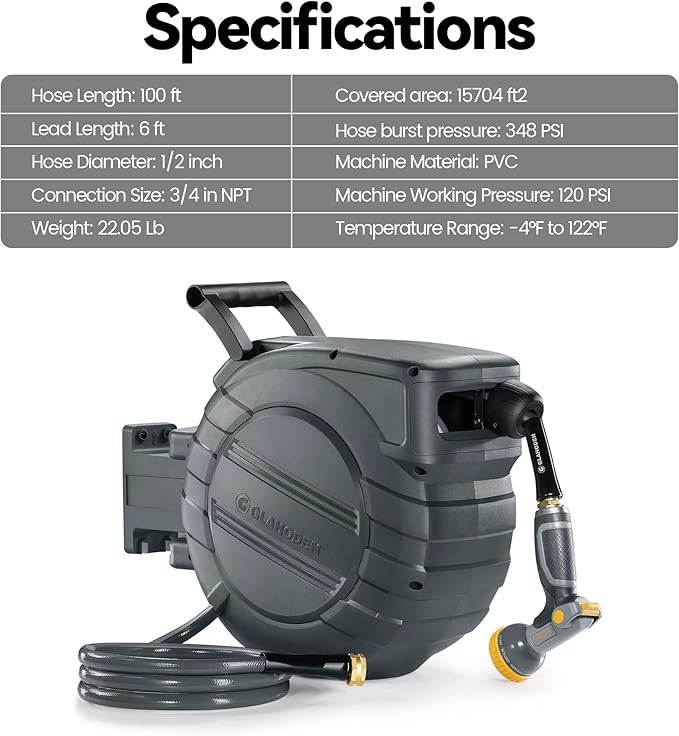 GLAHODEN Retractable Garden Hose Reel 5/8 in x 90 ft, 2025 Upgraded Dual Ratchet Lock UV & Freeze Protection Brass Seal Slow Retraction Anti-Tangle Hose 180°Swivel Reinforced Scaffold Wall Mount